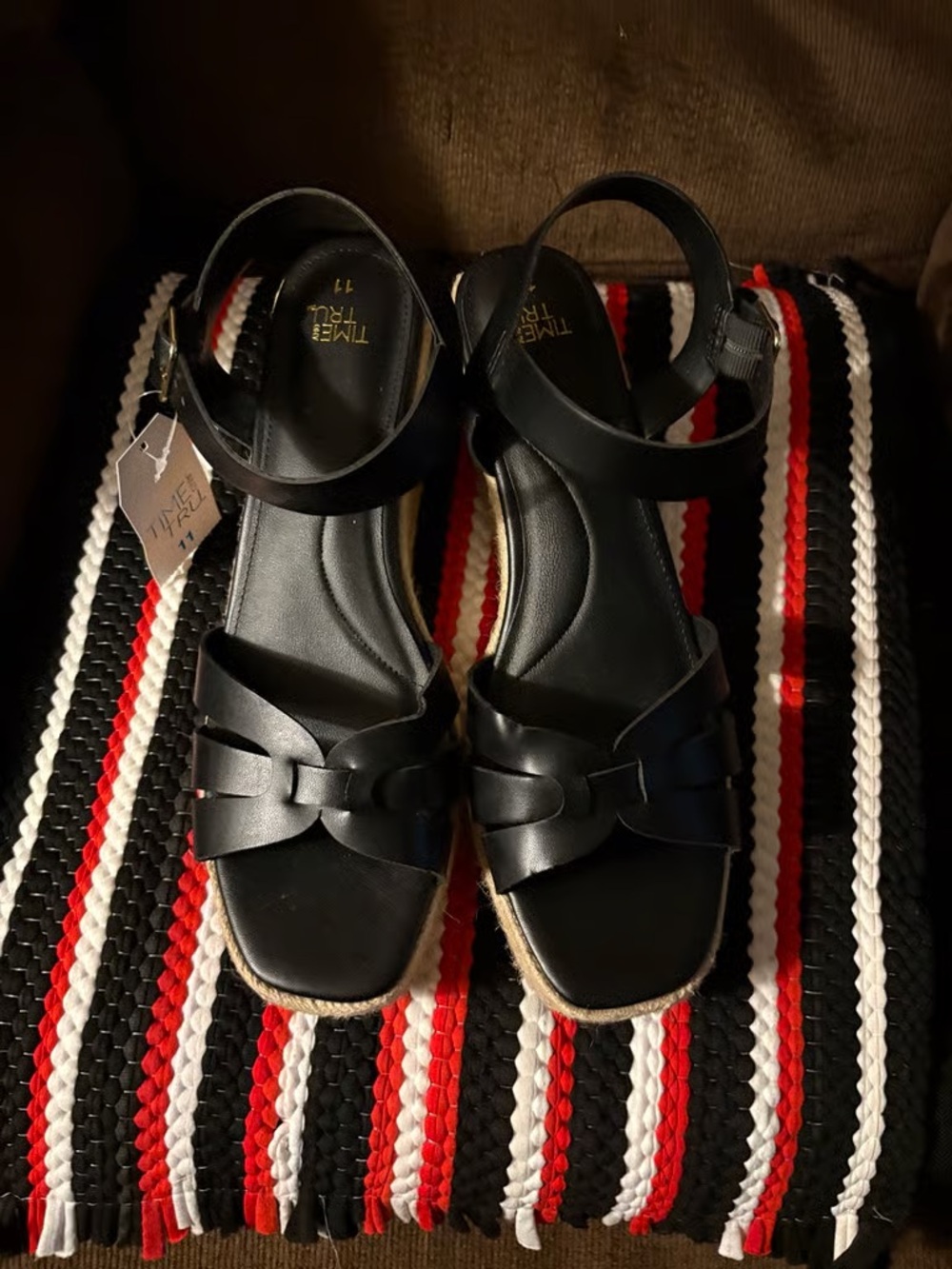 Time and Tru Black Wedge Sandals with Ankle Strap
